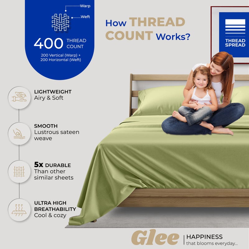 THREAD SPREAD 100% Cotton Sheets Twin Size - 400 Thread Count Cotton Bed Sheets Twin, 3 PC Set (Sage Green), Luxury Soft, Breathable, Cooling, Sateen Weave 16" Deep Pocket Bedsheet for Dorm Rooms - Image 2